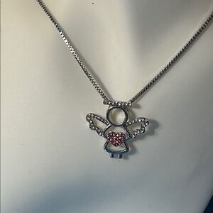 Silver Angel Pendant Necklace with Pink Heart